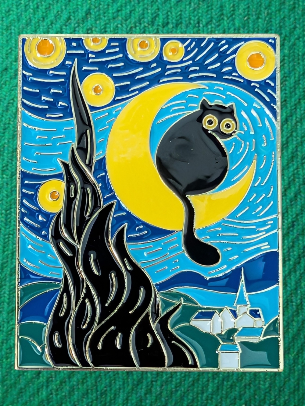 Cat on Moon Enamel Pin - Van Gogh Inspired Background